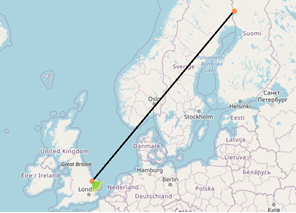 Map showing the movement of flagged Curlew U0 from the UK to Sweden.
