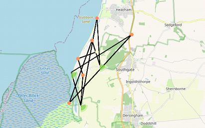 Map showing the locations of sightings of flagged bird Y9.