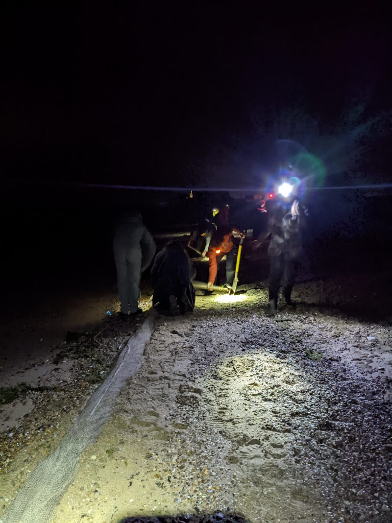 Bird ringers setting a cannon net on a beach in the dark, wearing head torches.