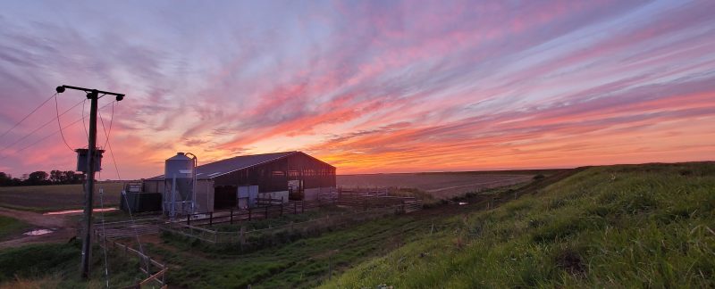 Stunning sunset over a barn in farmland.
